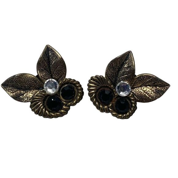 1-1/2" Bronze Color with Rhinestones Floral Clip-On Earrings - Picture 1 of 5